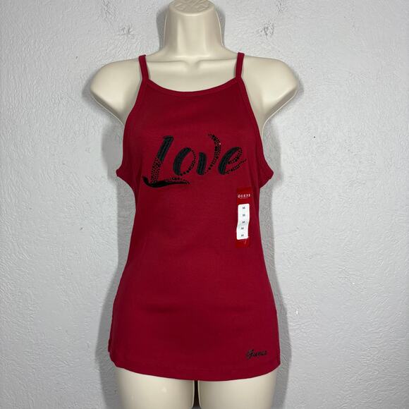 NEW! Guess Ribbed Tank Strappy Red Love Logo Casual Top - M - Picture 2 of 5